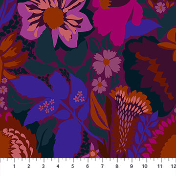 The image is a vibrant and colorful collage of various flowers and foliage in shades of pink, purple, blue, and orange.