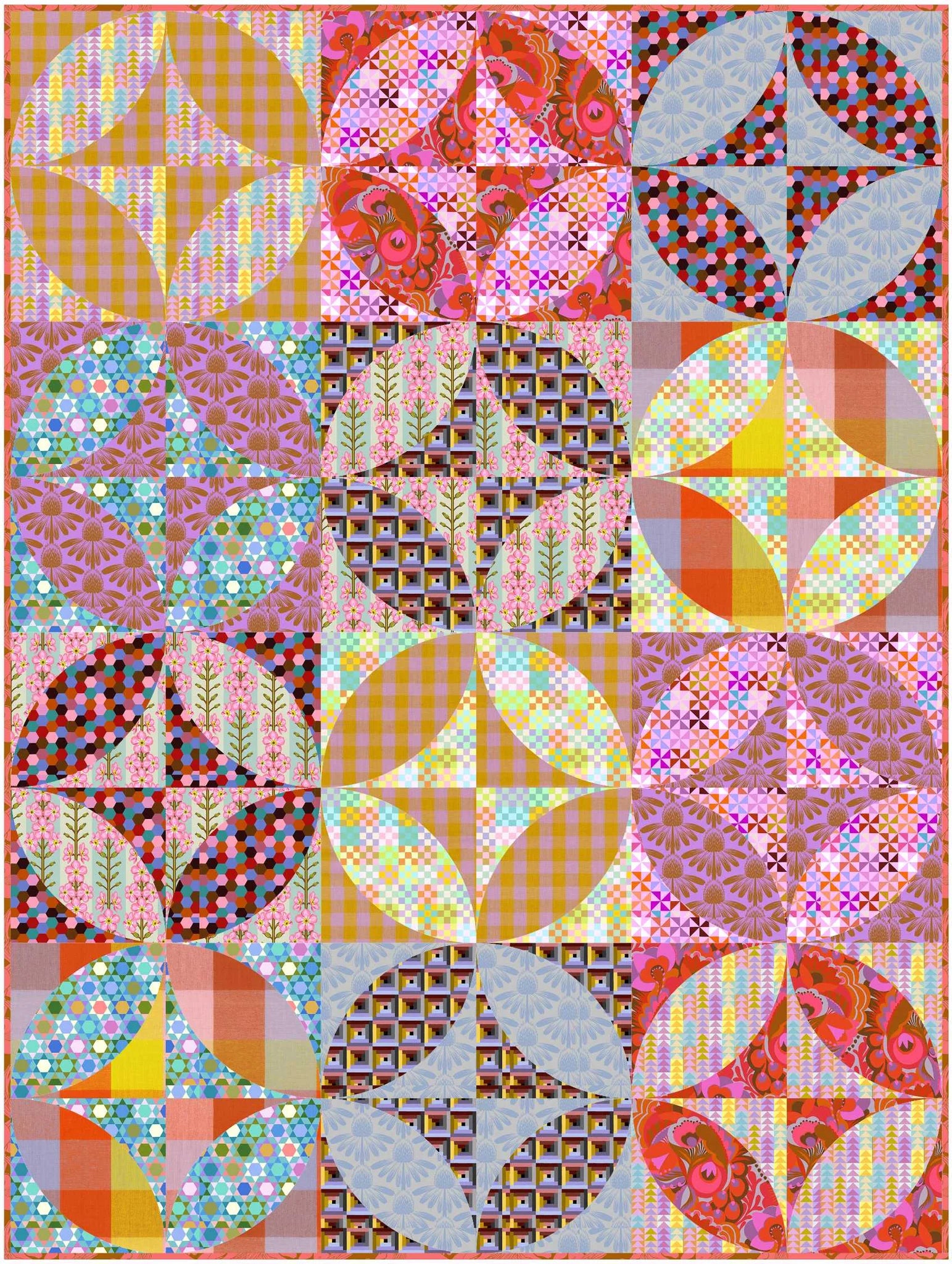 The image is a vibrant and colorful collage of various patterns and shapes, including circles, triangles, and floral designs, arranged in a visually appealing manner.