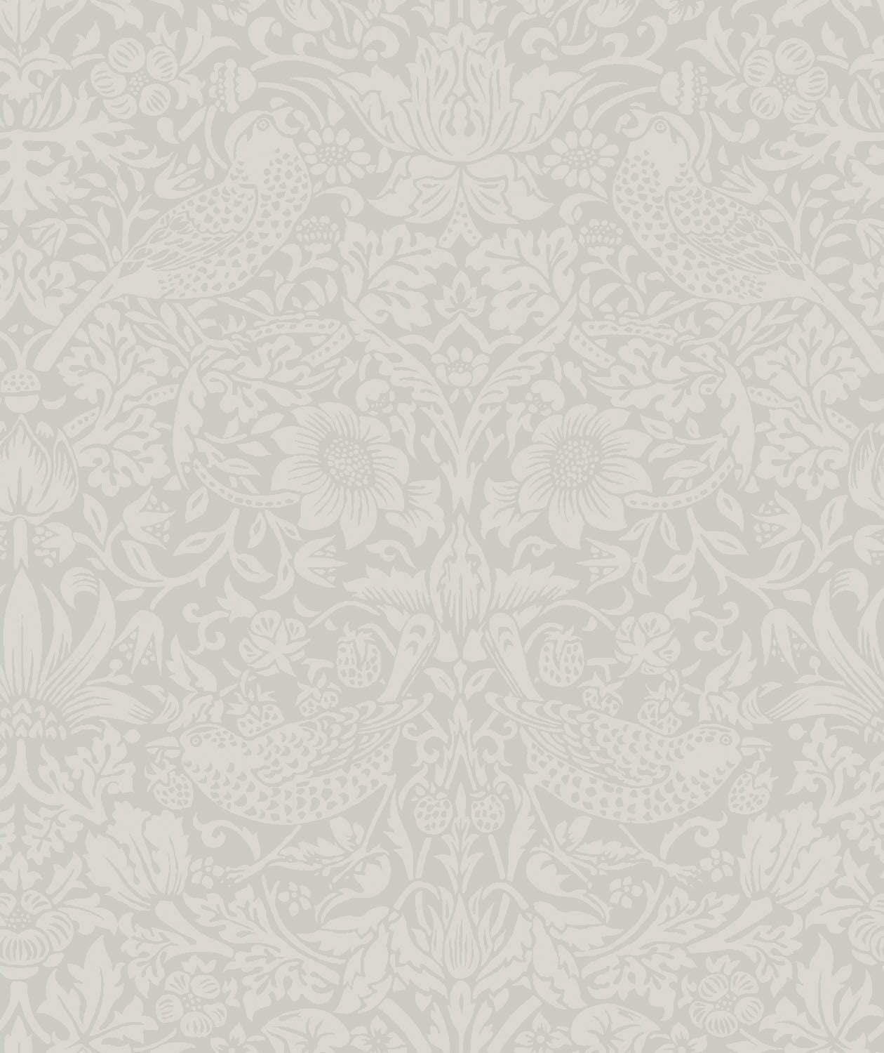 a repeating pattern of birds and flowers in shades of gray and white, creating a visually appealing and intricate design.