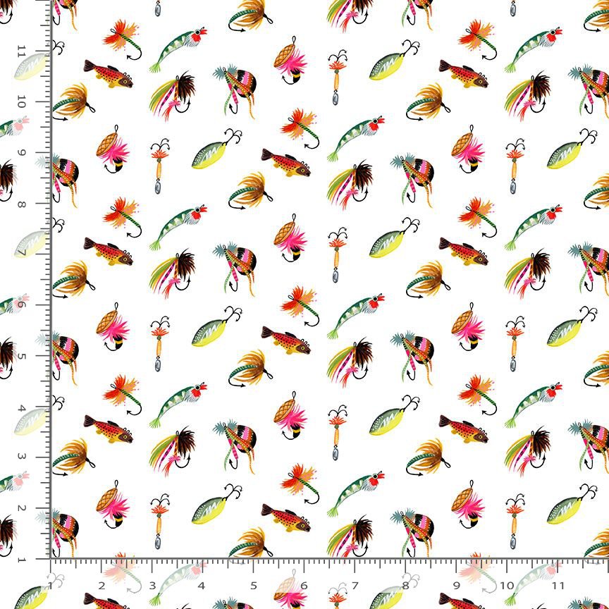 a repeating pattern of various fishing lures and baits, including different types of fish, on a white background.