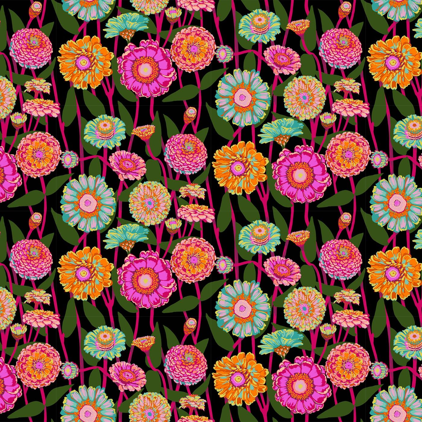 The image is a vibrant and colorful pattern featuring a variety of flowers and leaves in shades of pink, orange, green, and blue against a dark background.