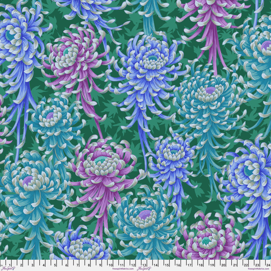 a vibrant and colorful pattern of chrysanthemum flowers in shades of blue, purple, and green against a dark green background.