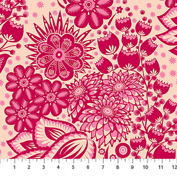 The image is a vibrant and colorful floral pattern, featuring a variety of pink and red flowers and leaves arranged in a visually appealing manner.