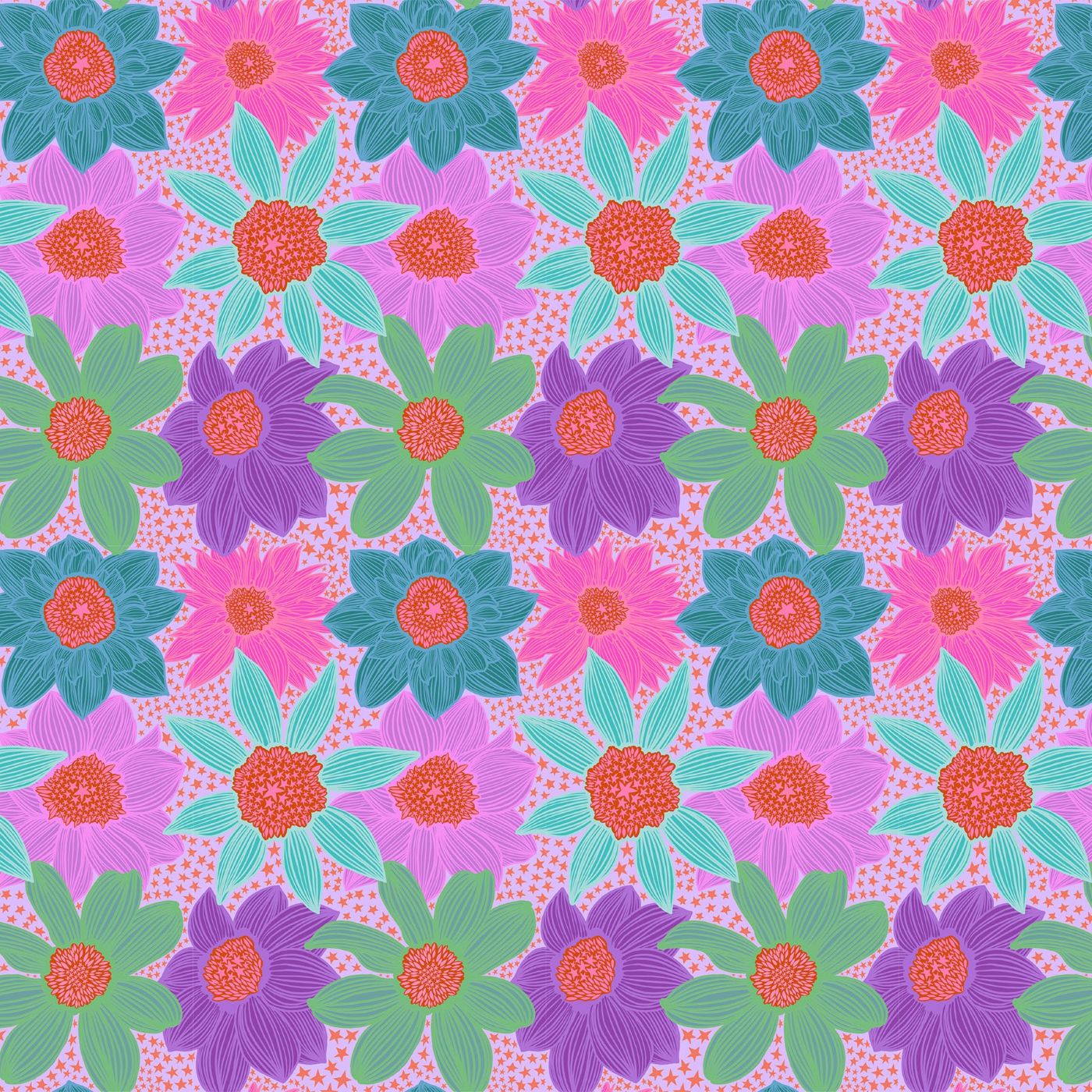 a repeating pattern of colorful flowers with red centers against a pink background.