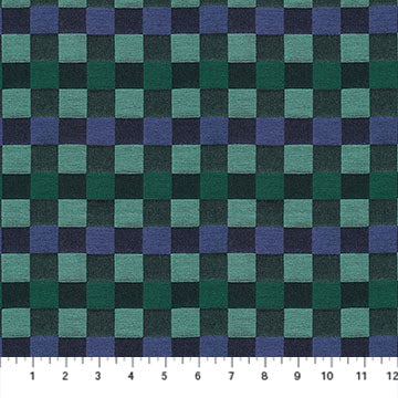 The image is a fabric with a repeating pattern of green and blue squares, creating a checkered or plaid effect.
