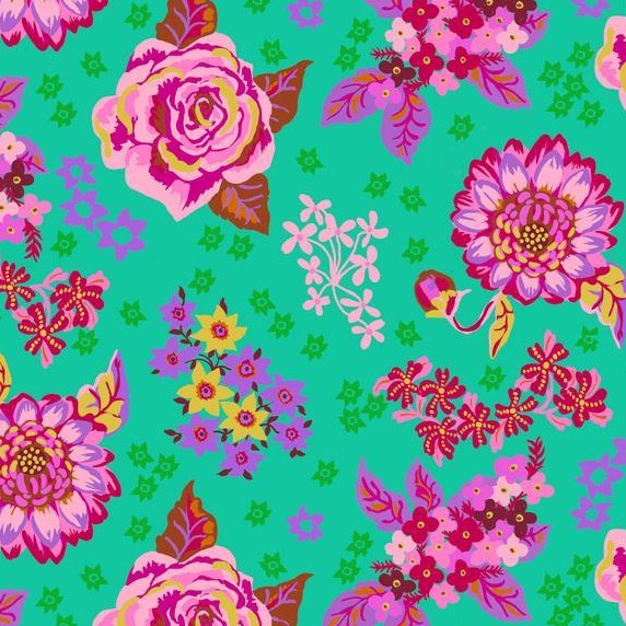 The image is a vibrant and colorful floral pattern featuring a variety of flowers in shades of pink, purple, and green against a teal background.