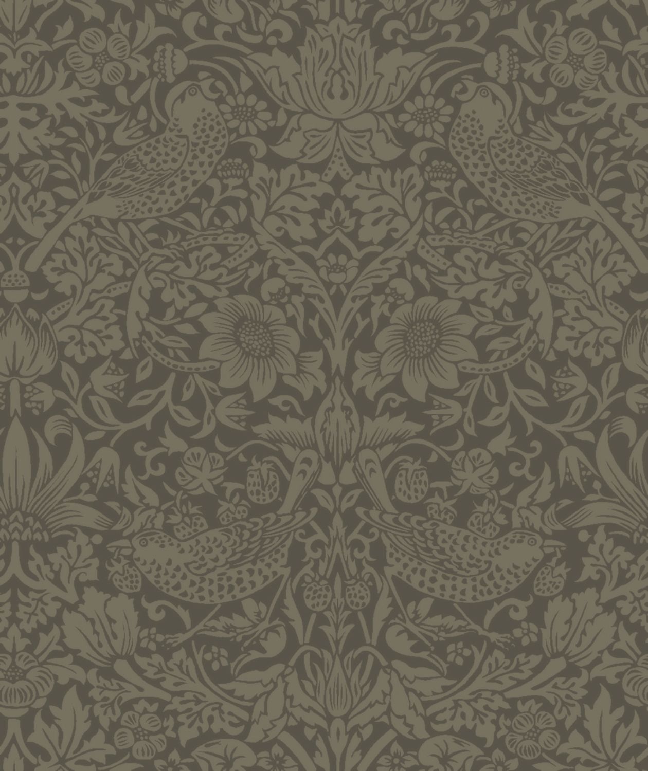 a repeating pattern of birds and flowers in shades of brown and gray, creating a visually striking and intricate design.