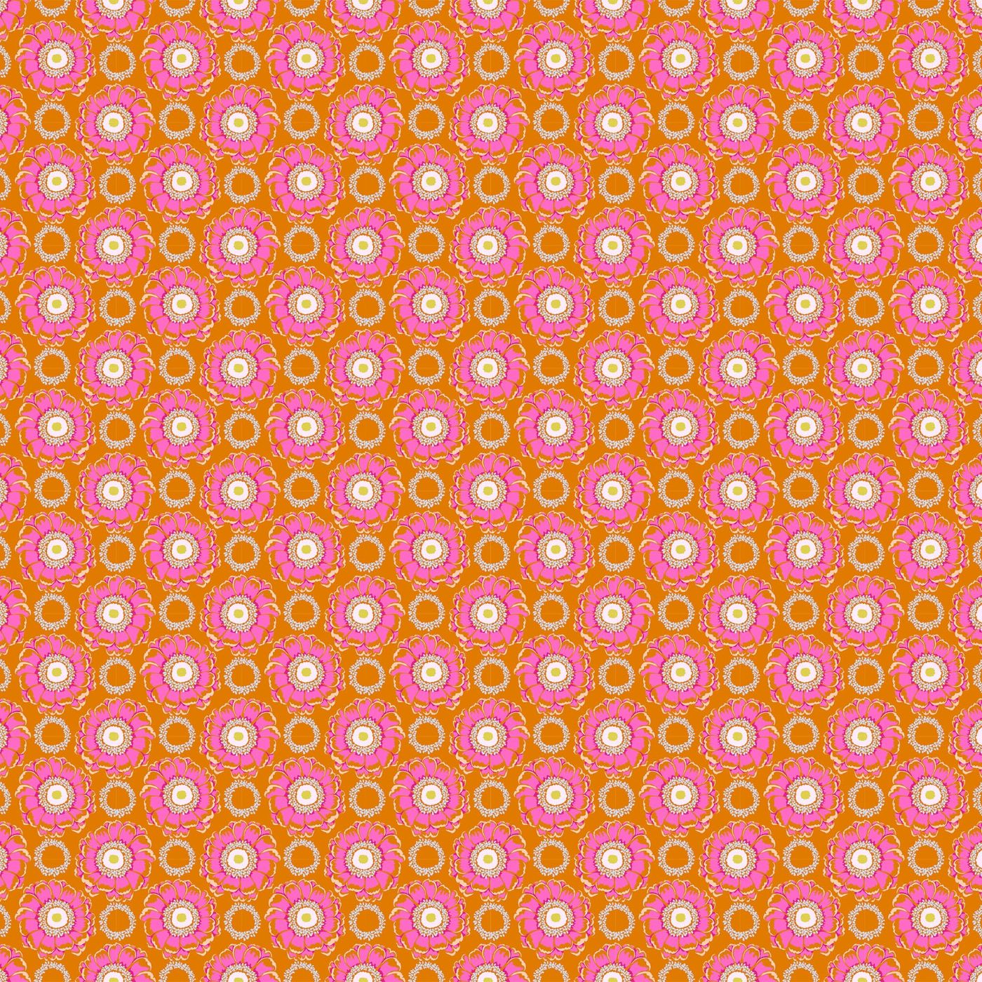 The image is a repeating pattern of pink and orange flowers with white centers, creating a visually appealing and vibrant design.