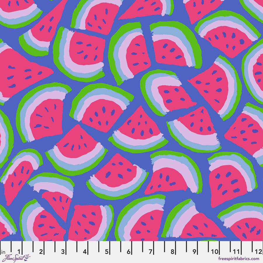 The image is a vibrant and colorful pattern featuring numerous slices of watermelon arranged in a repeating design. The watermelon slices are depicted in various shades of pink, green, and blue, creating a visually striking and playful composition.