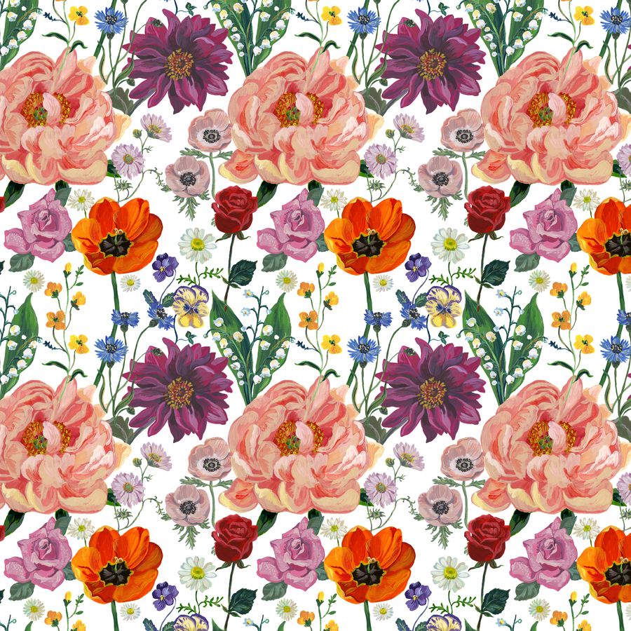 The image is a repeating pattern of various colorful flowers, including pink peonies, red roses, orange poppies, and purple dahlias, against a white background.