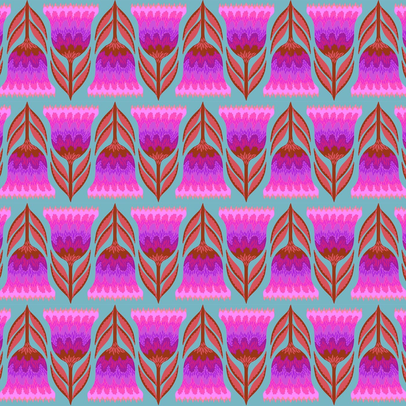 a repeating pattern of pink and purple flowers with brown stems against a light blue background.