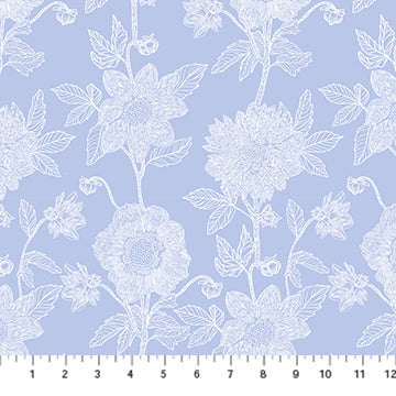 a repeating pattern of white flowers and leaves against a light blue background.