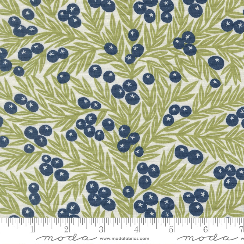 a repeating pattern of blueberries on green leaves, creating a visually appealing and harmonious design.