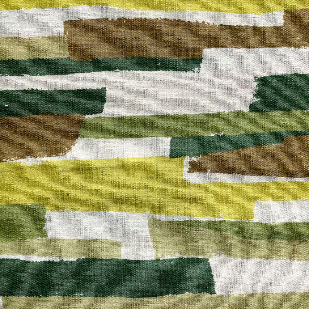 The image is a close-up of a fabric with a vibrant, multicolored pattern. The fabric has a variety of colors, including shades of green, yellow, and brown, creating a visually striking and textured appearance.