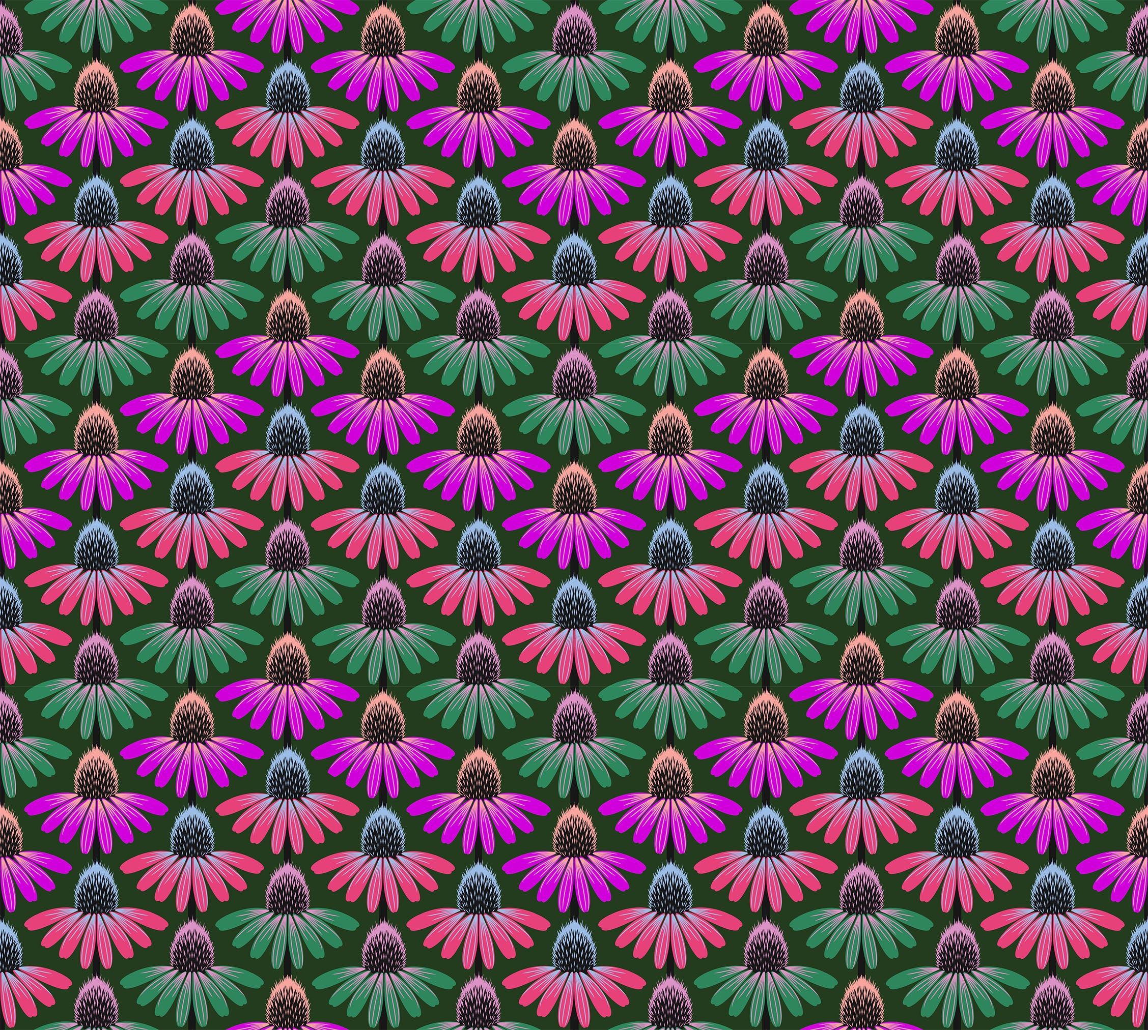 a repeating pattern of colorful flowers on a dark green background.