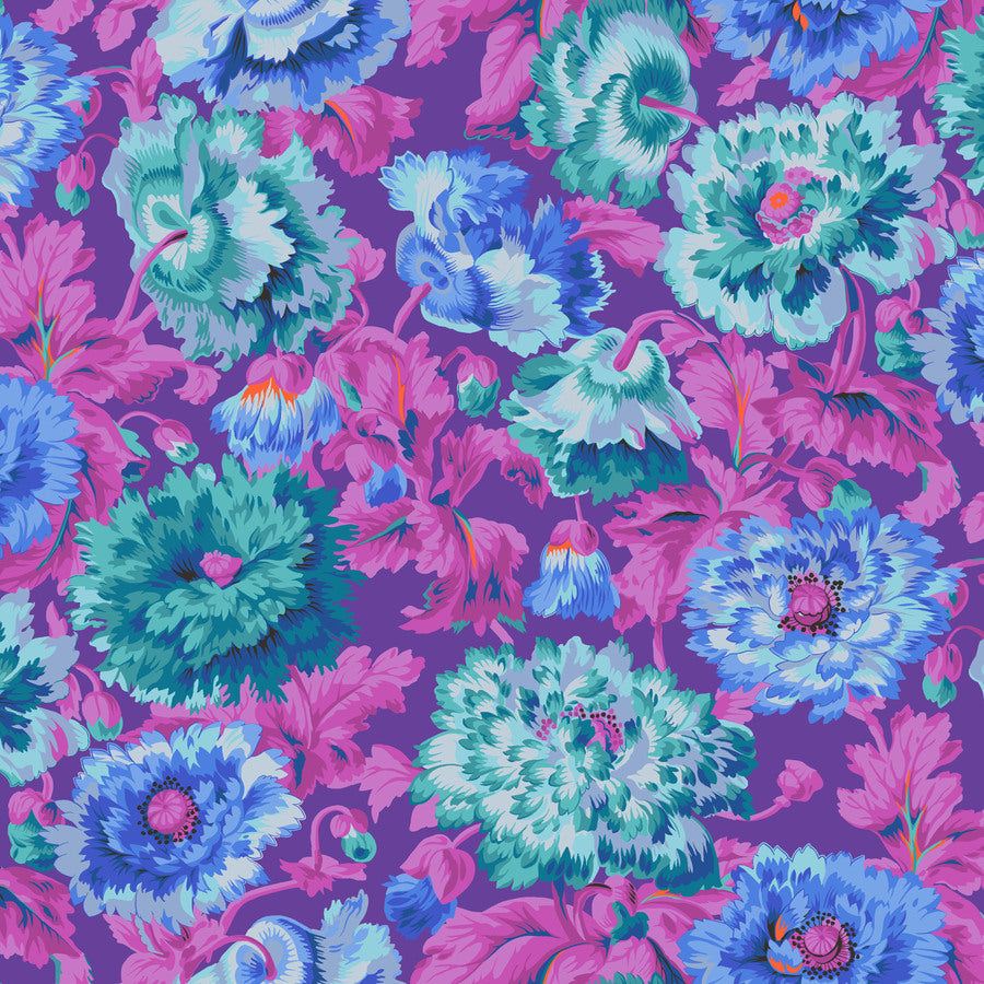The image is a vibrant and colorful floral pattern with various shades of blue, pink, and green flowers and leaves. The pattern appears to be a repeating design, creating a visually striking and dynamic composition.