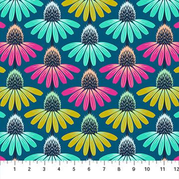 a repeating pattern of colorful flowers against a dark blue background.