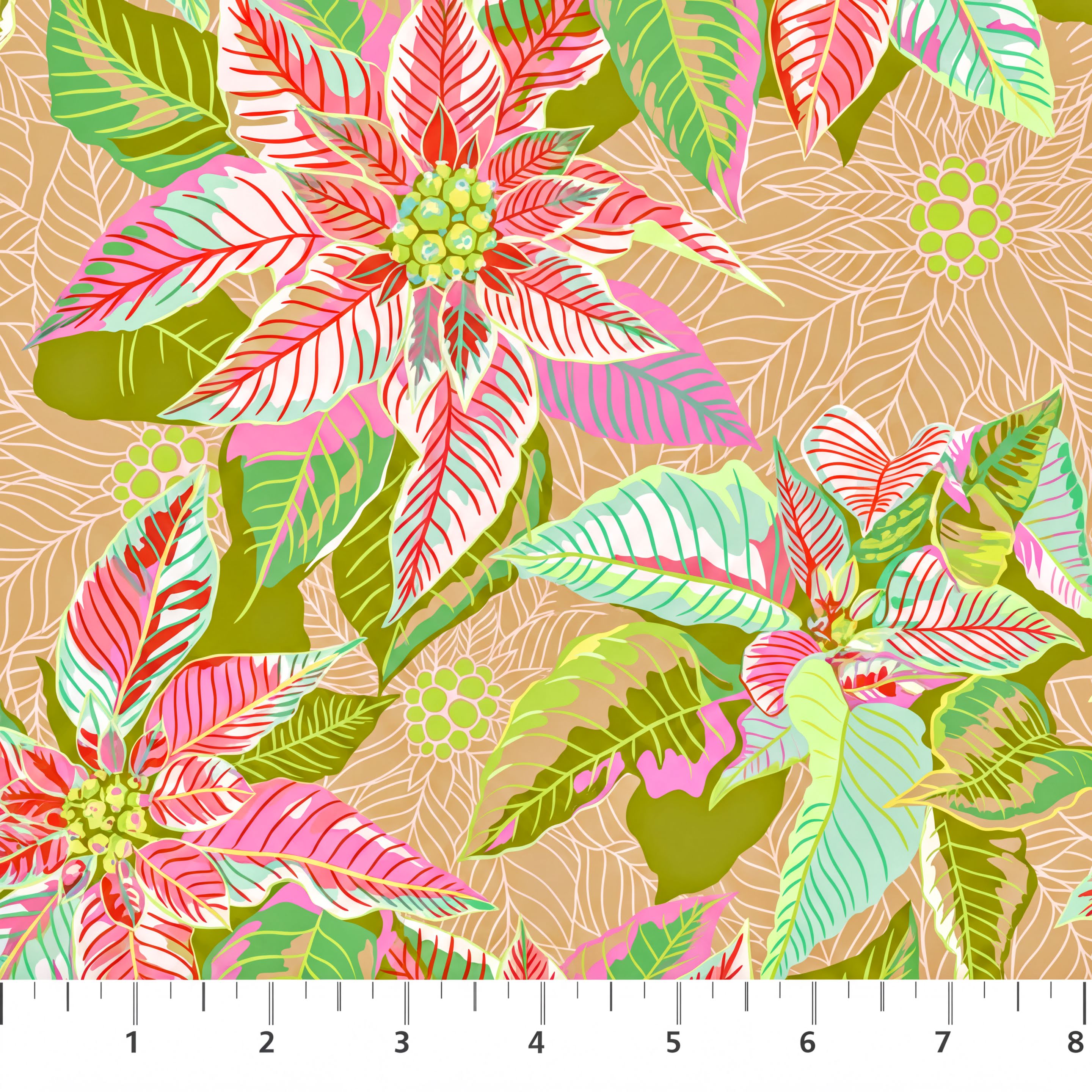 The image is a vibrant and colorful fabric with a repeating pattern of poinsettia flowers and leaves in shades of pink, green, and yellow.
