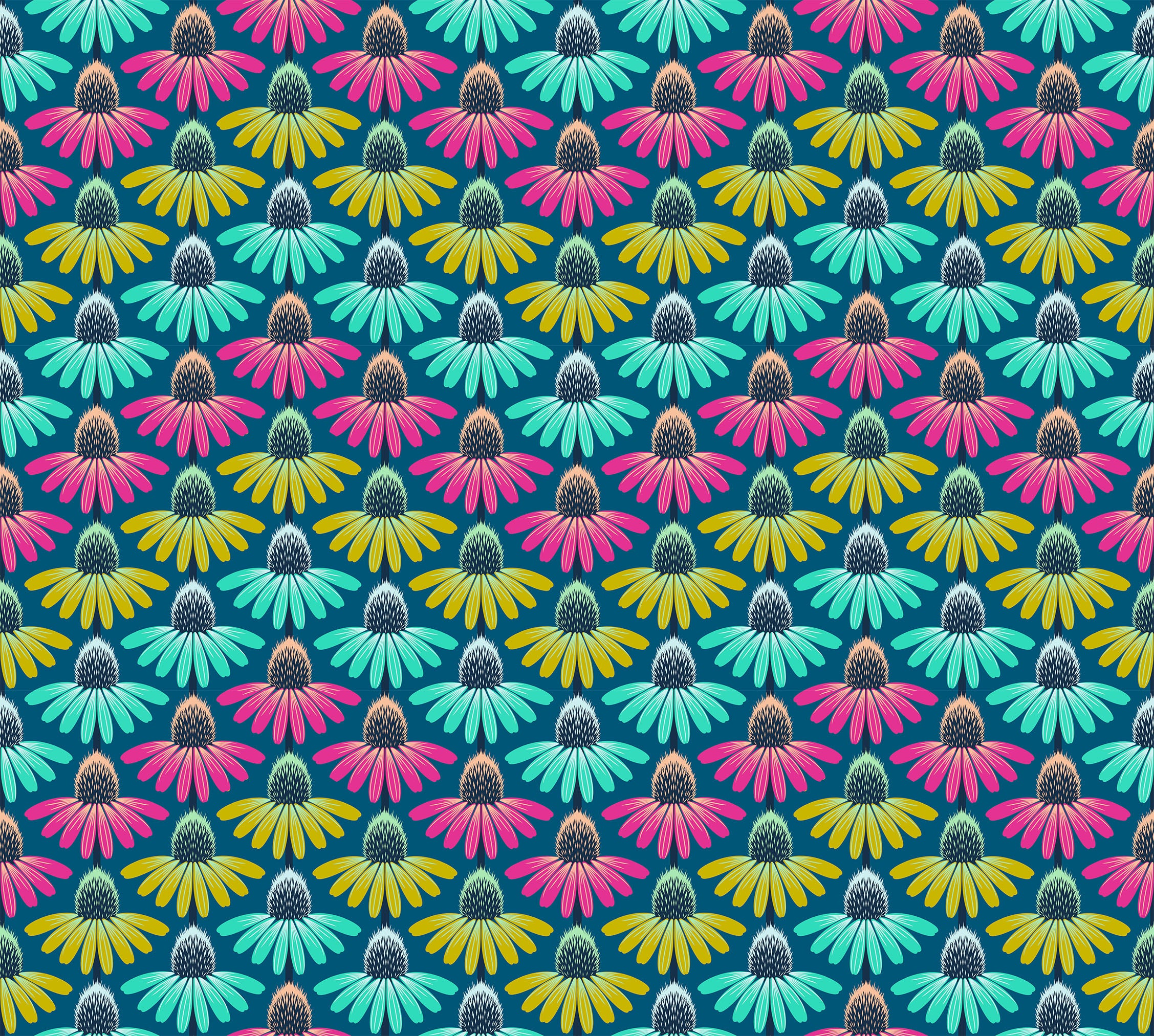 a repeating pattern of colorful flowers in shades of pink, yellow, and green against a dark blue background.
