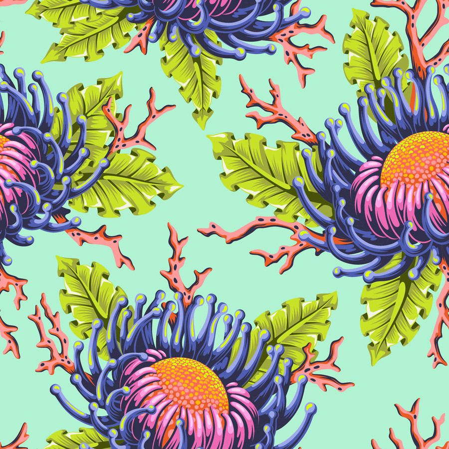 a vibrant and colorful pattern of flowers and leaves in shades of blue, pink, and green against a light green background.