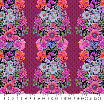The image is a vibrant and colorful floral pattern, featuring a repeating design of various flowers and leaves in shades of pink, purple, orange, and white. The pattern is composed of multiple rows of flowers and leaves, creating a visually striking and intricate design.