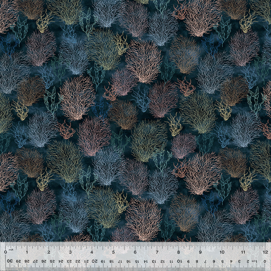 a repeating pattern of various colored coral formations against a dark background.