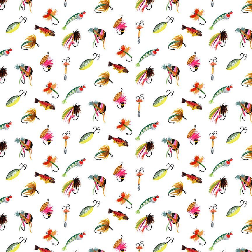 a repeating pattern of various fishing lures and baits in different colors and shapes, creating a visually appealing and vibrant design.