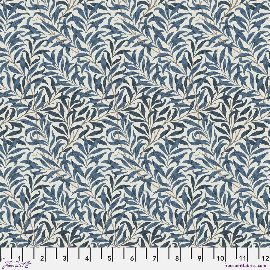 a repeating pattern of blue leaves on a white background.
