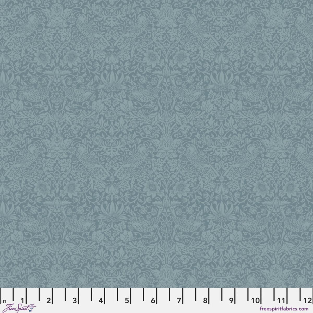 The image is a repeating pattern of a light blue floral design with a darker blue background.