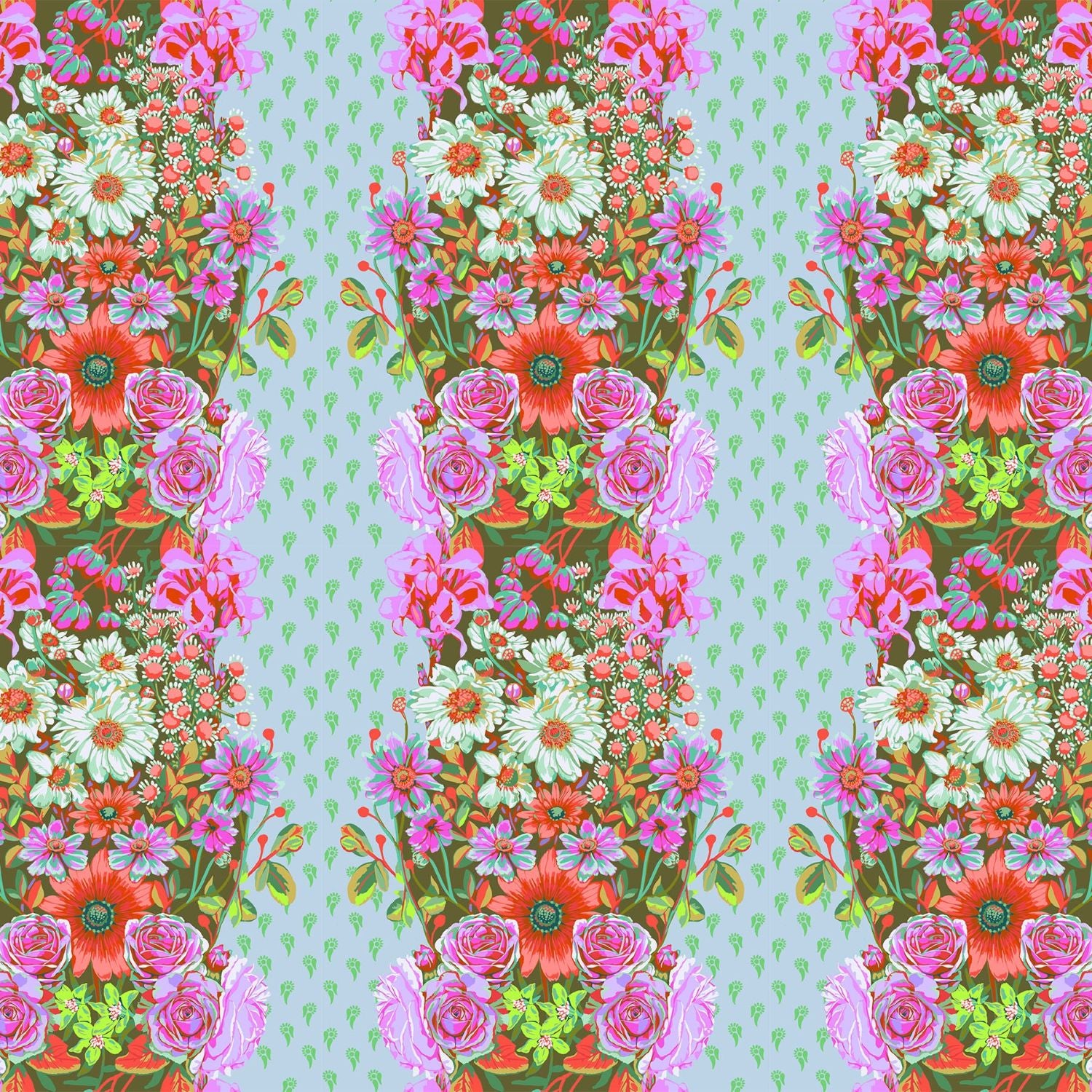 The image is a vibrant and colorful floral pattern featuring a variety of flowers in shades of pink, red, white, and green. The pattern is composed of multiple rows of flowers, creating a repeating and visually striking design.