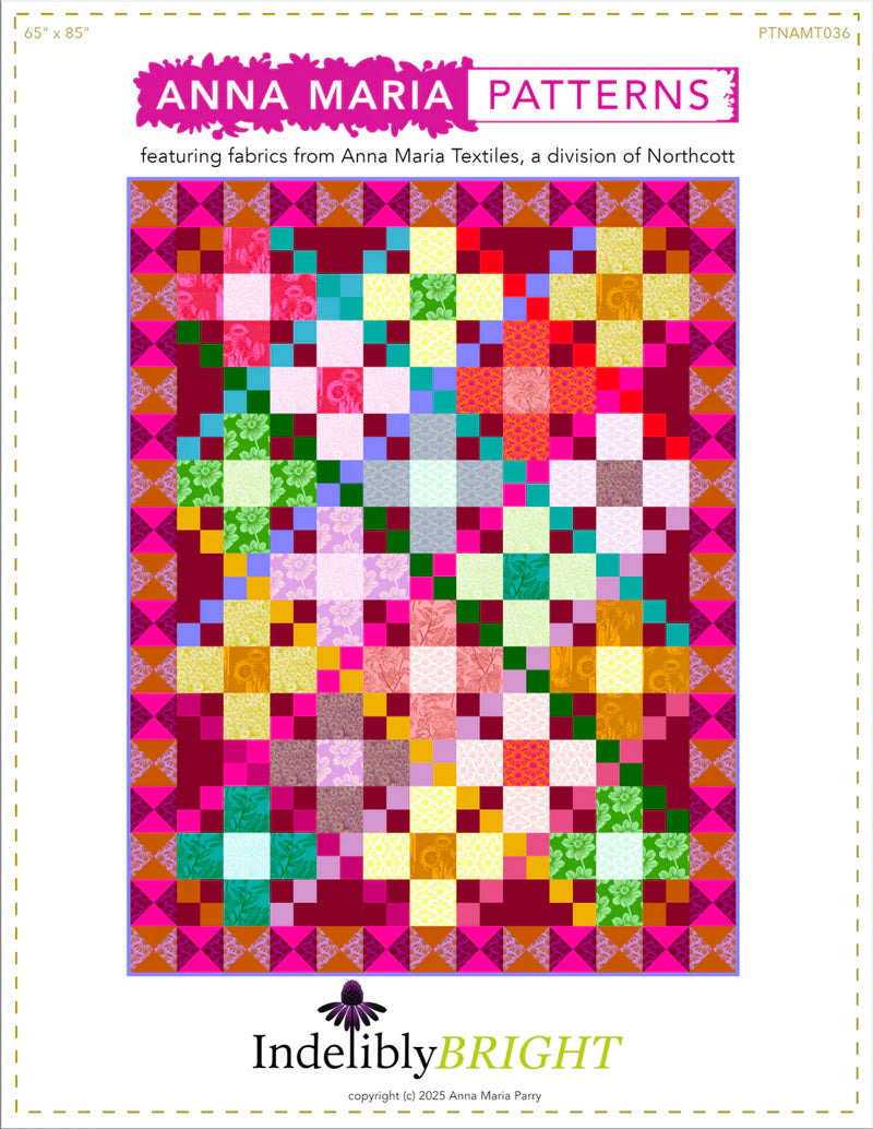 The image is a colorful quilt pattern featuring fabrics from Anna Maria Textiles, a division of Northcott.