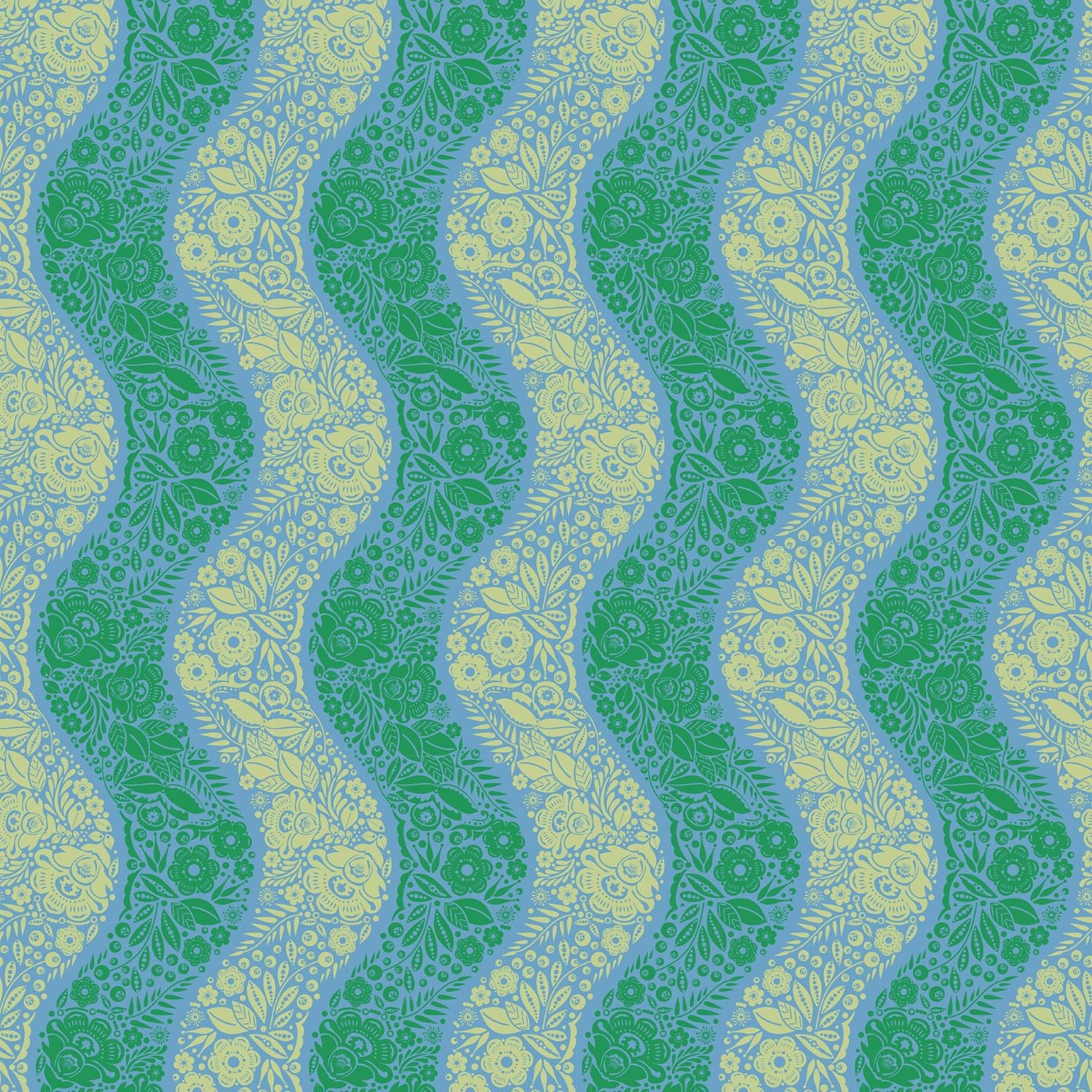 a repeating pattern of green and yellow floral designs on a blue background, creating a visually appealing and harmonious design.