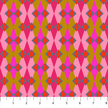 a repeating pattern of diamond shapes in various shades of pink, orange, and gray.