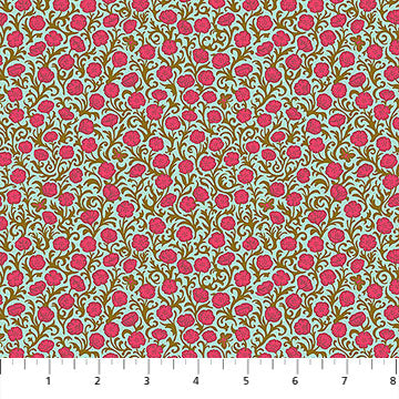a repeating pattern of pink flowers on a light blue background.