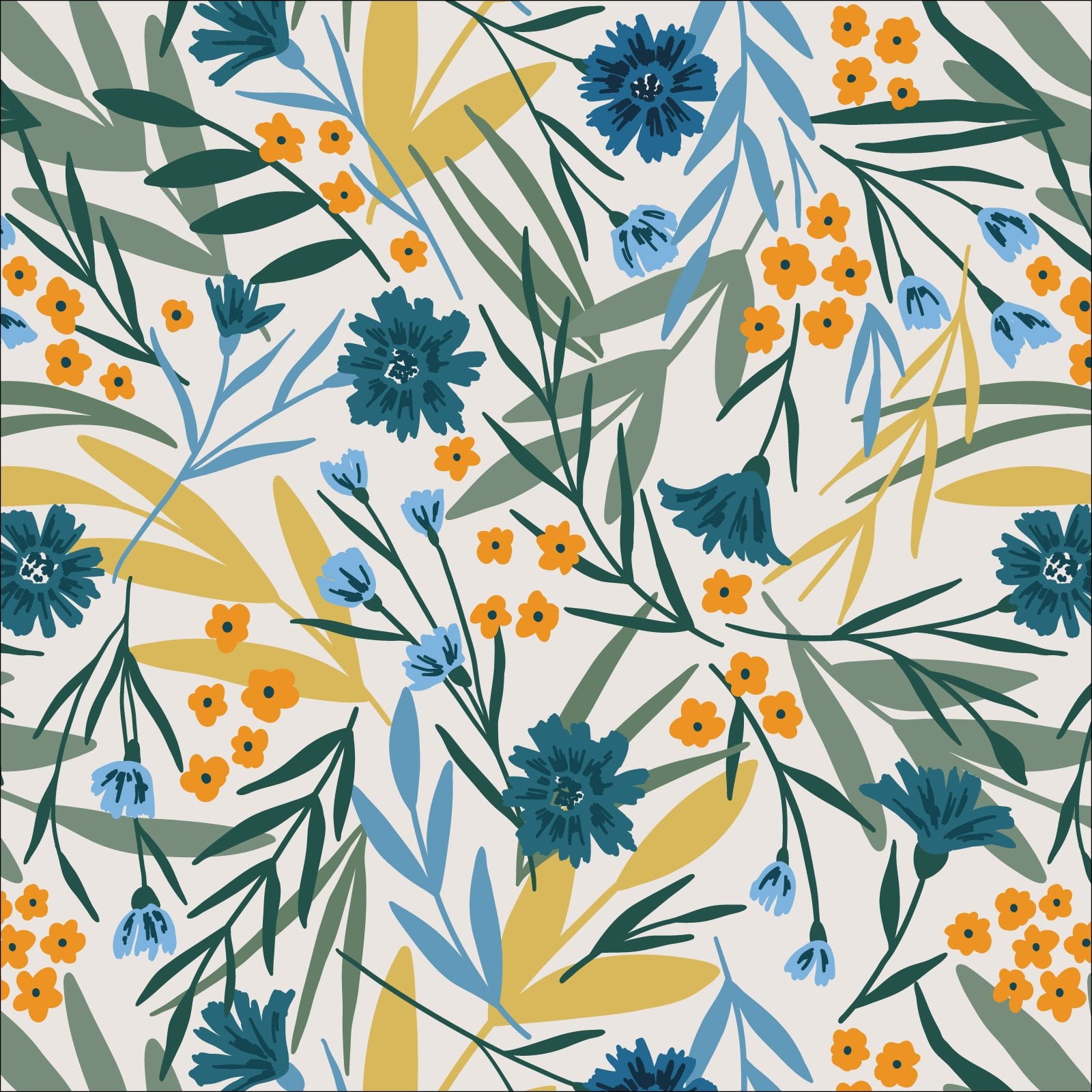 a blue and yellow floral pattern on a white background