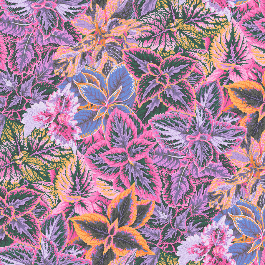 The image is a vibrant and colorful collage of various leaves and flowers in shades of pink, purple, green, and yellow. The leaves and flowers are arranged in a visually striking and intricate manner, creating a captivating and dynamic pattern.