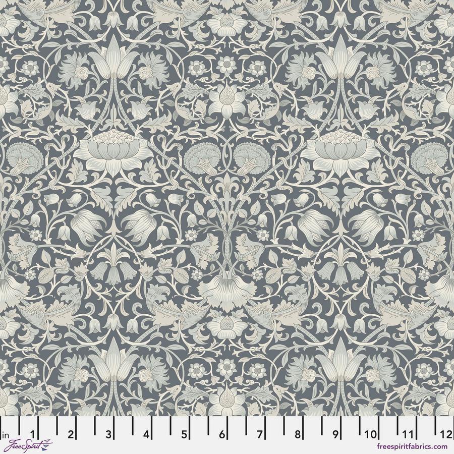 a repeating pattern of gray floral and leaf designs on a dark background.