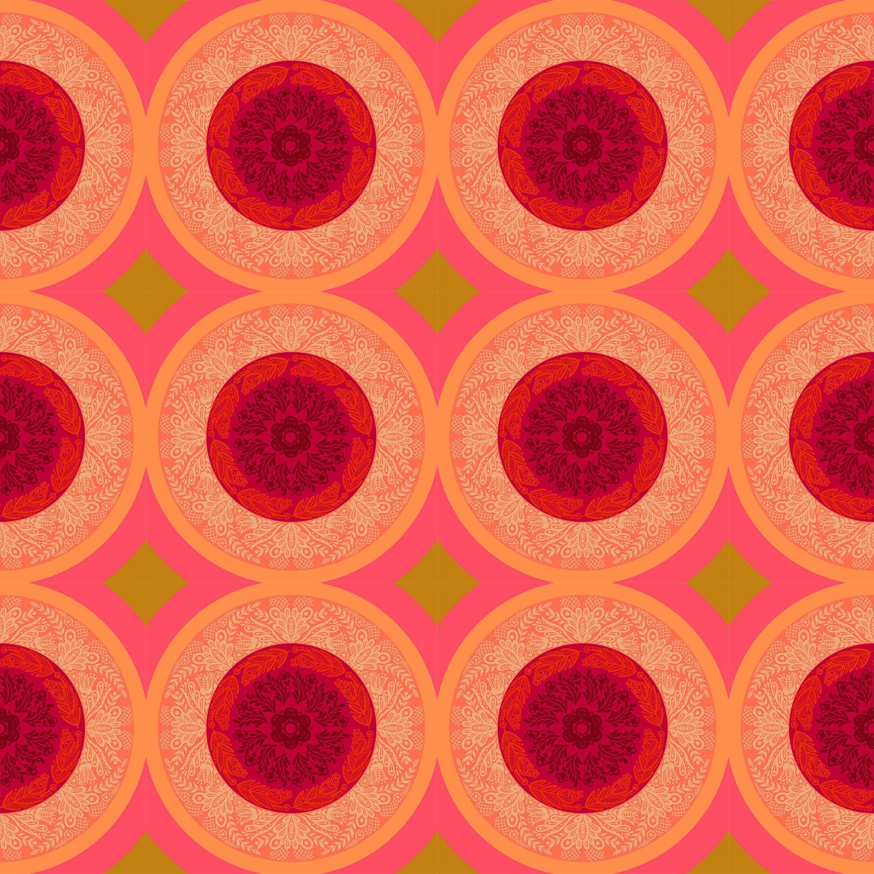 a repeating pattern of circular designs with red and orange centers, arranged in a grid-like pattern.