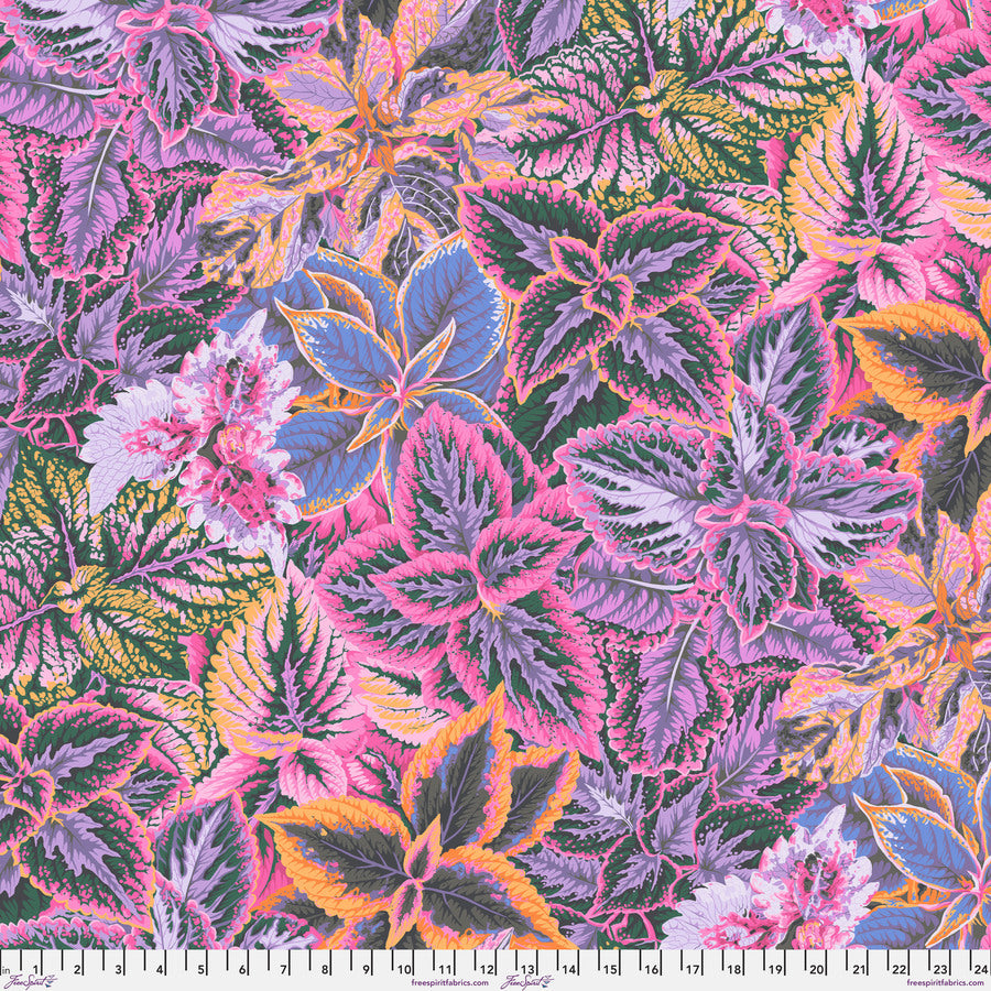 The image is a vibrant and colorful collage of various leaves and flowers in shades of pink, purple, green, and yellow. The leaves and flowers are arranged in a visually striking and intricate manner, creating a lively and dynamic composition.