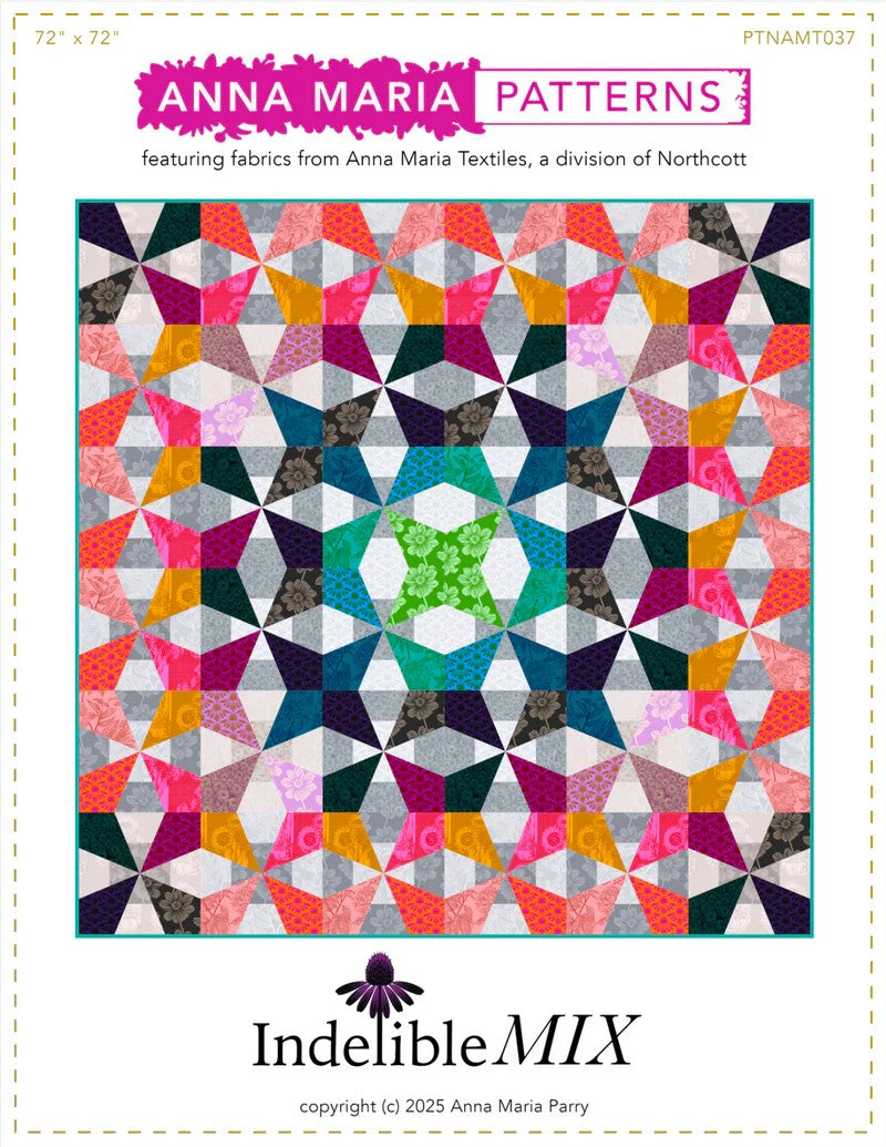 The image is a colorful quilt pattern featuring a repeating geometric design with various shades of pink, orange, green, and blue.