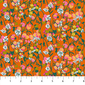 The image is a vibrant and colorful floral pattern, featuring a variety of flowers and leaves in shades of orange, pink, and white. The pattern is composed of multiple smaller images, creating a visually striking and dynamic design.