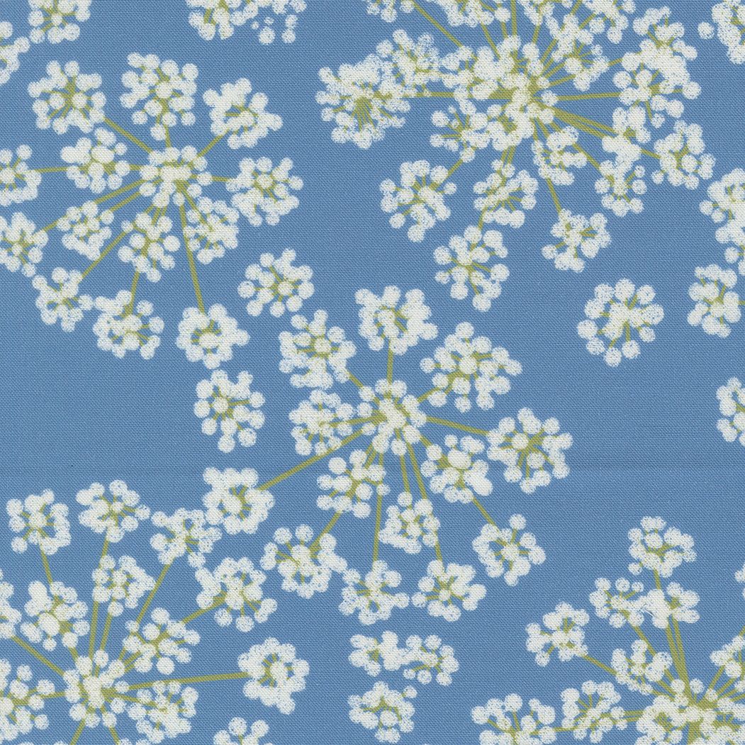 a repeating pattern of white flowers against a blue background.