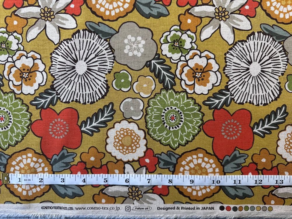 a vibrant and colorful floral pattern with various types of flowers and leaves. The pattern includes a mix of red, green, yellow, and white flowers, as well as leaves and stems. The image is a collage of multiple images, and the ruler in the image indicates the size of the pattern, which is approximately 3.5 inches wide.