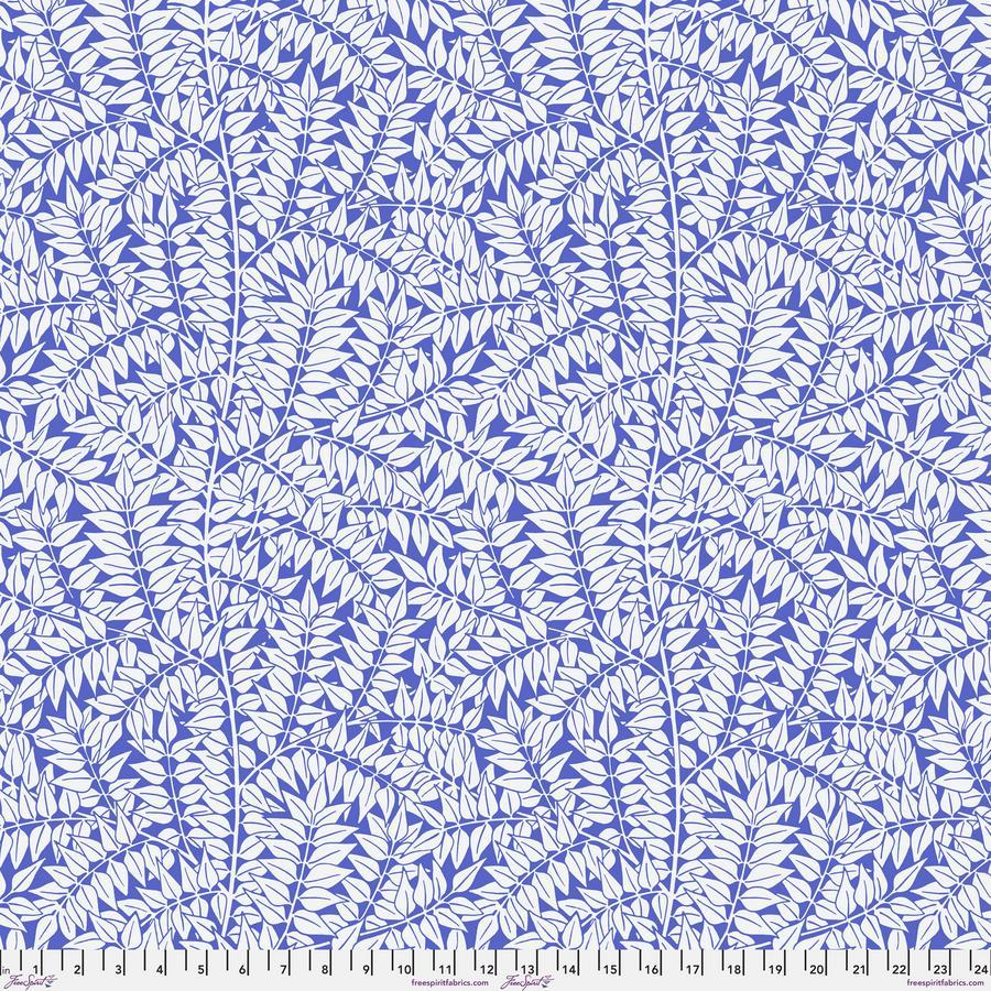 a blue and white pattern of leaves on a white background
