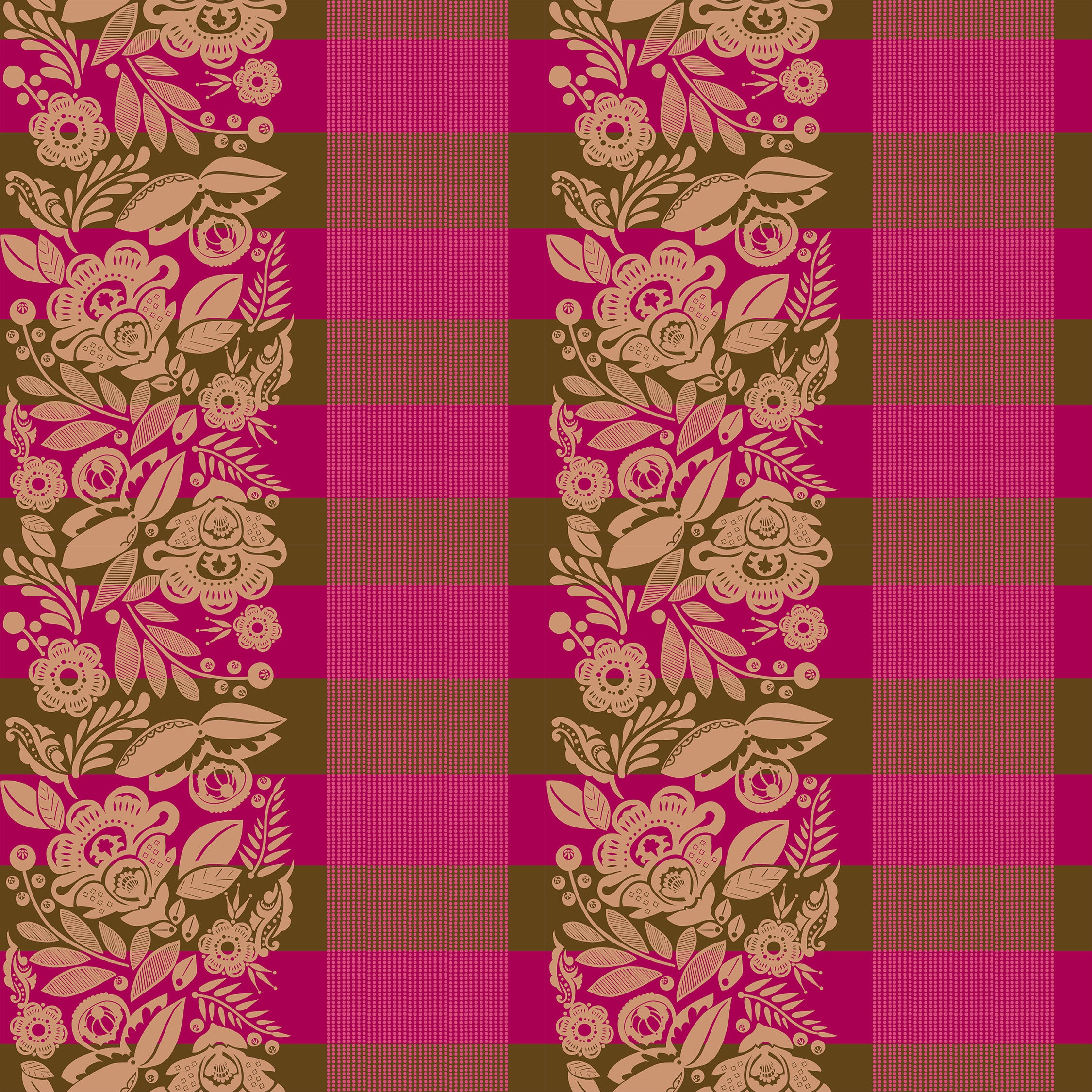 a repeating pattern of pink and brown checkered squares with floral and leaf designs.