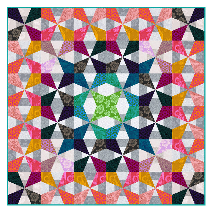 The image is a vibrant and intricate quilt composed of numerous geometric shapes, including triangles, diamonds, and rectangles, arranged in a visually striking pattern. The quilt features a variety of colors, including shades of pink, orange, green, blue, and gray, creating a visually captivating and dynamic design.