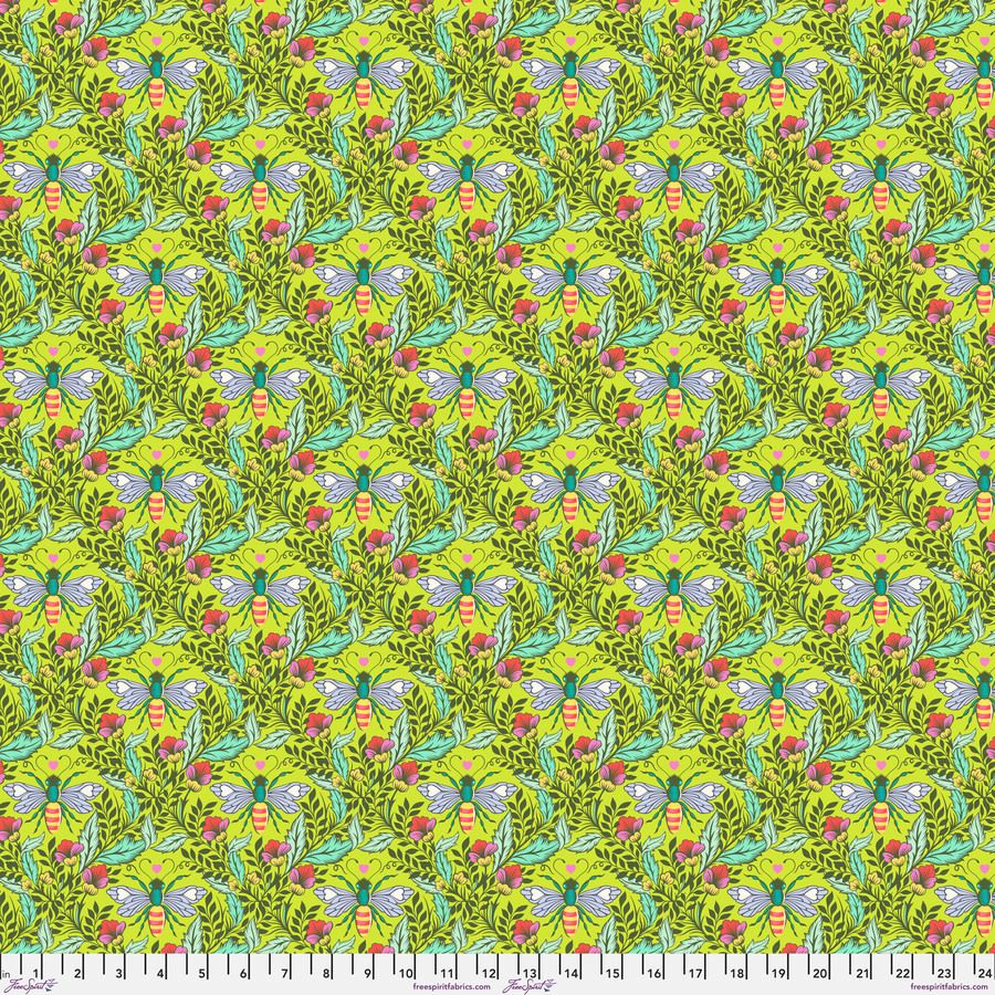 The image is a repeating pattern of green leaves, flowers, and insects on a yellow background.