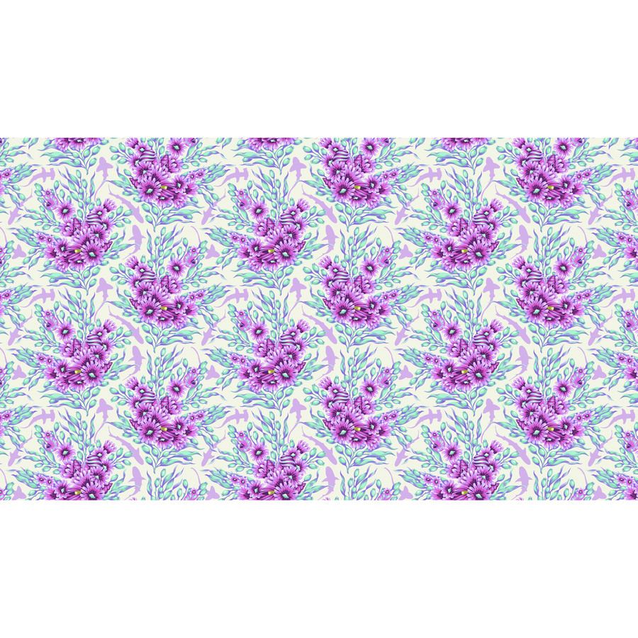 a repeating pattern of purple flowers on a light background.