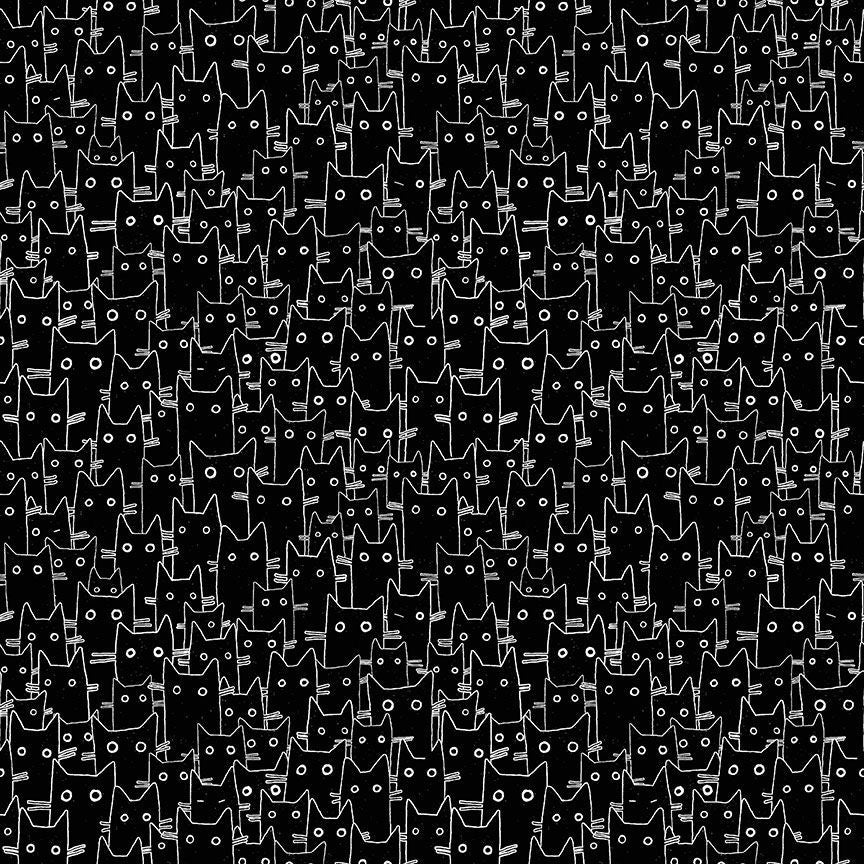 The image is a repeating pattern of black cats with white eyes, creating a visually striking and symmetrical design.