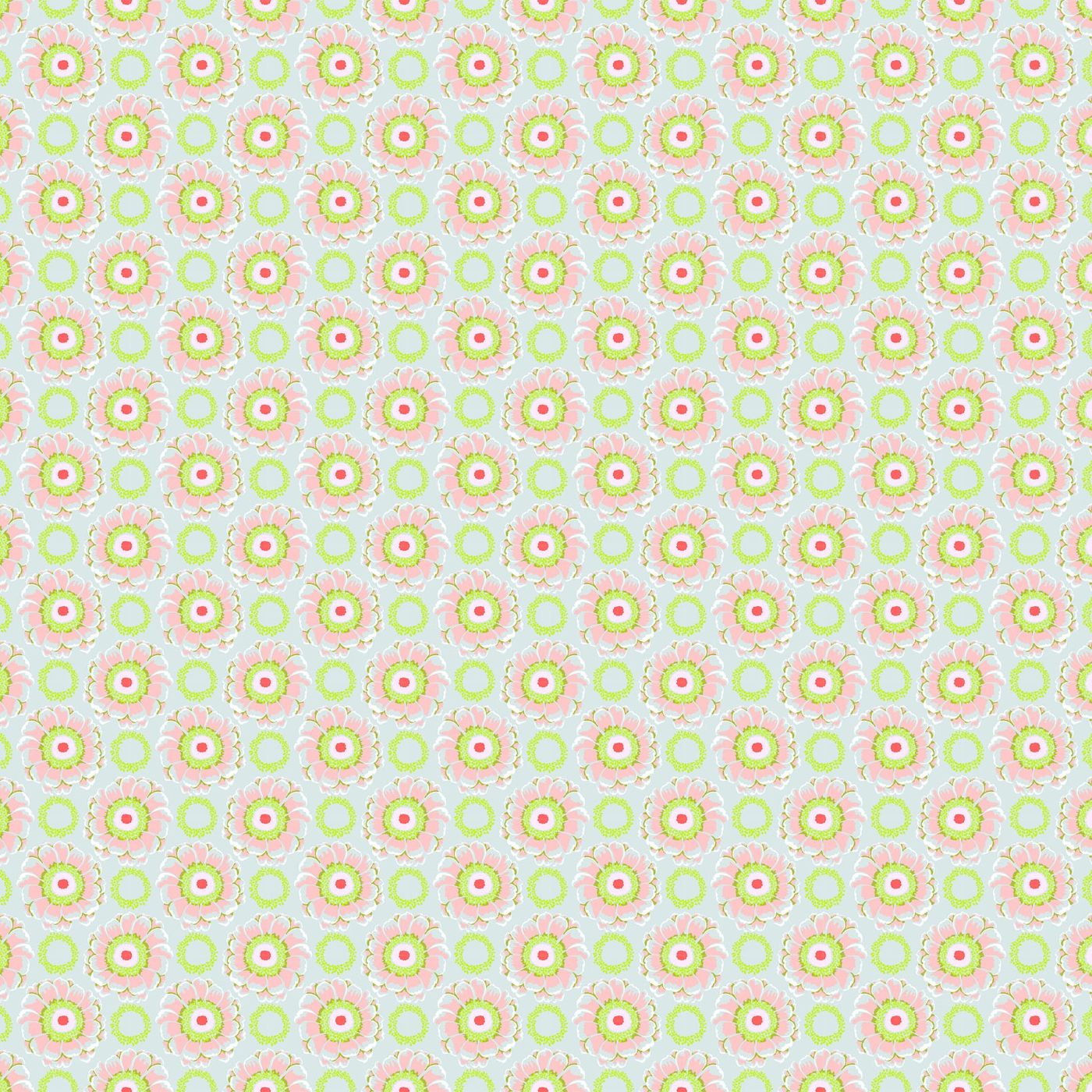 The image is a repeating pattern of pink and green circles on a light blue background.
